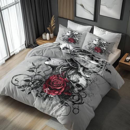 Housse de Couette 220x240 Gothique, Parure de Lit Tête de Mort, Réversible, Microfibre avec Fermeture Éclair, Linge de Lit 2 Personnes + 2 Taies d’Oreiller 65x65 cm, LSZFQ1751