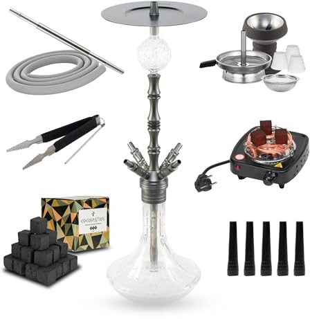 Cachimba Praedo Gris 72 cm 4 Personas con 1 Kg Carbón, Hornillo 500W y 100 Boquillas | Set Completo con Chimenea, Cazoleta de Piedra, Molasse Catcher, Manguera, Boquilla y Pinza