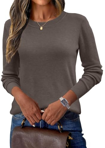 Yutdeng Sueter Mujer Jersey Lana Elegante Manga Larga Sweater Cuello Redondo Jerseys Invierno Otoño Suéter Cómodo Basico Jersey de Punto Fino Jerséis para Mujer Pullover Camiseta Jersei,Marrón,L