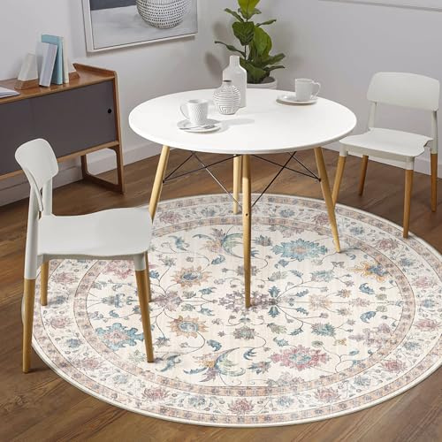 PureCozy Runder Teppich 120cm Waschbarer Wohnzimmer Teppiche,Multicolore | Blumenmuster,Waschbar, Rutschfest, Kurzflor, Weich, Schlafzimmer, Esszimmer, Büro, Flur, Kinderzimmer