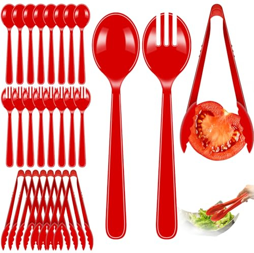 24 Pcs Serving Utensils Set - 8 Tongs, 8 Spoons, 8 Forks | Heavy Duty Plastic Disposable Red Party Supplies for Buffet, Holiday Events Catering Restaurant Dinner Salad Noodles Soup and Daily Use