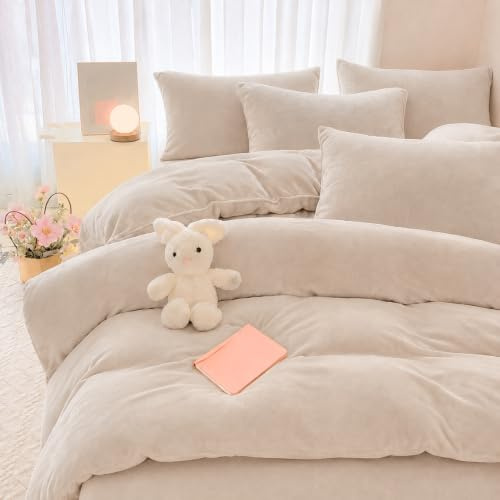 Nayoroom Plüsch Bettwäsche 135x200 Winter Beige Cashmere Touch Fleece Bettbezug 2 Teilig Flauschig Coral Oeko-Tex Microfaser Warme Kuschelig Winterbettwäsche mit Reißverschluss und 1 Kissenbezug 80x80