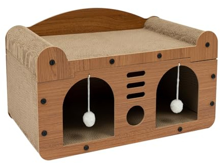 Cama para gato, casa para gatos marrón con bolas de juego rectangular - Puerta grande, casas ampliadas y gruesas (56 x 30 x 30 cm)