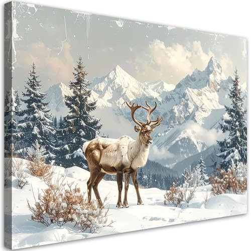 Feeby Quadri Camera Da Letto - Stampa su Tela - Quadro Moderno Soggiorno - Renne inverno neve paesaggio di montagna - 30x20 cm - Decorazione Da Parete