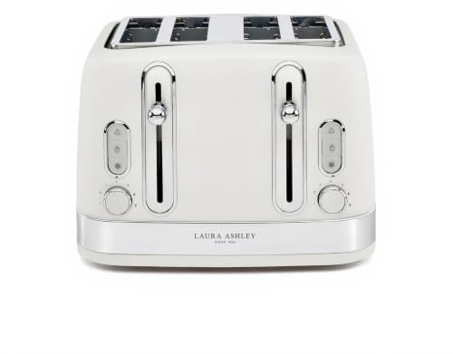 Laura Ashley Cotton White Toaster 4 Slice - 4 Slice Toasters Wide Slots | Bread Toaster, High Lift Lever, 7 Browning Levels, Independent Dual Controls, Defrost & Reheat Modes, Removable Crumb Trays