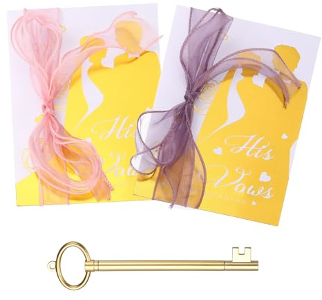YOKIVE Wedding Day Vow Card Set, (7.87 x 5.51-Inch, Purple/Pink), Vow Card with Key Shape Pen for Her & Him Ribbon Version B, Gold Foil, Great Gift for Bride Groom Bridal Wedding