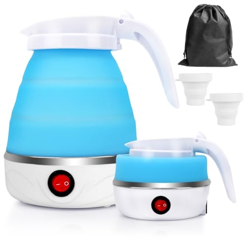 Faltbarer Wasserkocher 600ml Wasserkocher Faltbarer Reisewasserkocher mit 2 Faltbecher & Aufbewahrungstasche, Tragbarer Klein Silikon Wasserkessel mit Edelstahlboden für Camping Reise Outdoor,BPA-frei