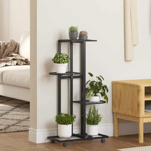 Ziaphsol Soporte para flores de 4 niveles con ruedas de hierro con recubrimiento en polvo 44 x 23 x 80 cm, color negro, soporte para plantas para esquina, balcón, terraza, salón, jardín de invierno