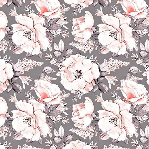 Blomma ros, grå, rosa, 100 % bomull, bomullstyg, barntyg, metervara, hantverk, sömnad, tyg, djurmotiv, 100 x 160 cm, 1 meter