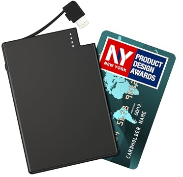 TNTOR Power Bank Ultra Slim da 2500mAh, Powerbank di Emergenza Tascabile da [4mm] Portafoglio, con Cavo Integrato (per iPhone)