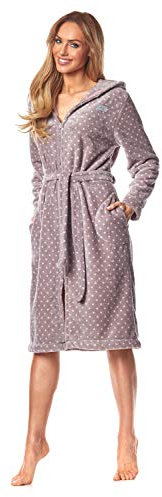 L&L - 9156 Long Luxury Toweling Damen Weicher Langarm Bademantel. Extrem Leicht. Hausmantel mit Reißverschluss in Voller Länge mit Kapuze für Damen. (Dots Purple Pink, XX-Large)