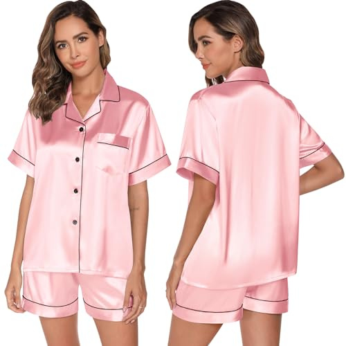 GAESHOW Conjunto de pijama de satén para mujer, con botones, manga corta y pantalones cortos, dos piezas, cuello en V, traje de casa de seda, ropa de salón para cuatro estaciones, S-XXL, Rosa., L