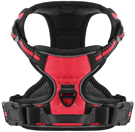 Belababy Dog Harness Small Medium Large No Pull, Adjustable Reflective Front Clip Dog Harness with Easy Control Handle, 2 Metal Rings for Training or Walking, Red L