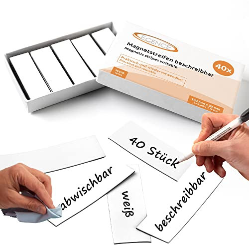ECENCE Magnetstreifen beschreibbar 40 Stück - 100mmx30mm - abwischbare Magnetschilder - Magnet-Etiketten zuschneidbar für Whiteboards, Kühlschränke, Magnettafeln - Weiss