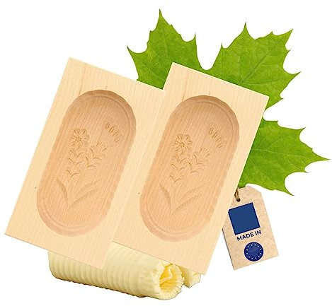 HOFMEISTER® Lot de 2 moules à beurre, pour 125 g de beurre, 14 cm, gentiane, sculptés à la main en Allemagne, pour décorer, forme carrée, modèle de beurre en bois d'érable local