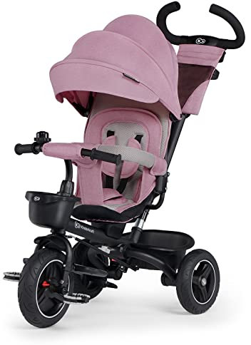 Kinderkraft SPINSTEP Dreirad ab 1 Jahr mit Schubstange, wasserfeste Verdeck mit UPF50+ Filter, 360 Grad drehbare Sitz, Freilauf, Zusammenklappbar, Klingle, Korb, Rosa