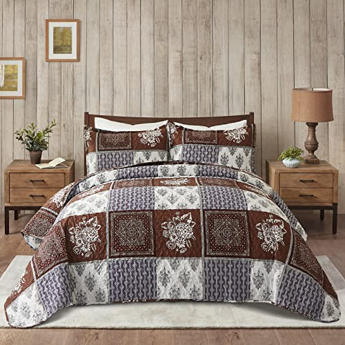 REJOON Bundle-3-teiliges Quilt-Set mit grünen Blättern for Queen-Size-Betten und 3-teiliges Tagesdecken-Set mit khakifarbenem Blumenmuster for Queen-Size-Quilt-Bettwäsche-Set for alle Jahreszeiten