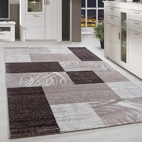 HomebyHome Teppich Wohnzimmer 140x200 cm Braun Modern Abstraktes Kariert Design Kurzflor Schlafzimmer Esszimmer Küche Jugendzimmer Waschbar Pflegeleicht Extra Weich