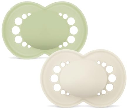 MAM Schnuller, ab 6 Monaten, mit symmetrischem Sauger, flach und flexibel, aus weichem Silikon, leicht anzunehmen, mit selbststerilisierender Box, MAM Original, neutral matt, 2 Stück