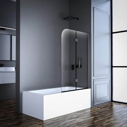 Duschwand für Badewanne 2-teilig 100x140cm Glas Schwarz Duschabtrennung, Faltbar Badewannen Duschtrennwand 6mm EGS Nano Sicherheitsglas, Faltbare Badewannenaufsatz Klappbar Trennwand Faltwand