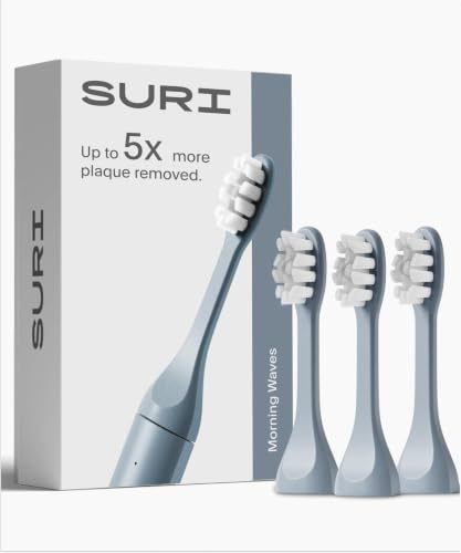 SURI Recyclable Plant-Based, Electric Toothbrush Heads - Built-in Tongue Scraper, Long Lasting Replacement Heads | Compatible Only Sonic Electric Toothbrush - Sea Mist, Pack of 3