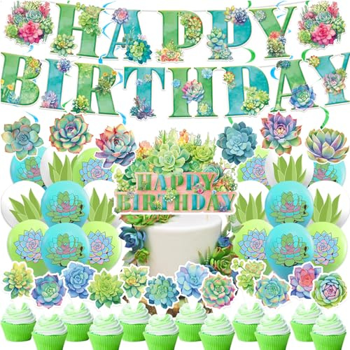 Succulent Plants Party Decorations Succulent Party Supplies Set Succulent Plants Birthday Banner Cake Topper Cupcake Toppers Balloons Spirals for Succulent Birthday Party Baby Bridal Shower Decor