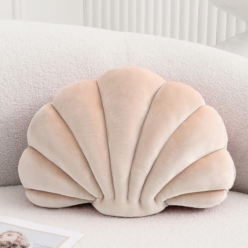 XIAIJIA Almohada decorativa con forma de concha de mar, inserto 3D, almohada de playa de terciopelo suave, decoración de océano marino, cojines de almohada para sofá o cama (champán, 14 x 11 pulgadas)