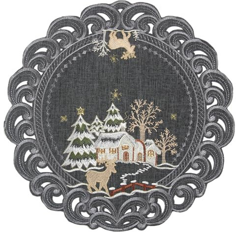 HanaQi Weihnachten Hirsch im Winterlandschaft Tischläufer Leinenoptik ca. 40 cm Rund, Grau
