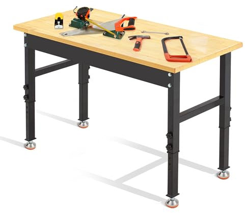 48 * 20 Adjustable Workbench, 2000 LBS Load Capacity Heavy Duty Workstation Without Power Outlets, Rubber Wood Top Worktable for Garage, Office,Workshop, Commercial