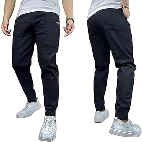 WINDEHAO Pantalon cargo moulant multi-poches pour homme - Taille élastique - Cordon de serrage - Pantalon cargo extensible - Pantalon de jogging - Noir - Taille 31 W