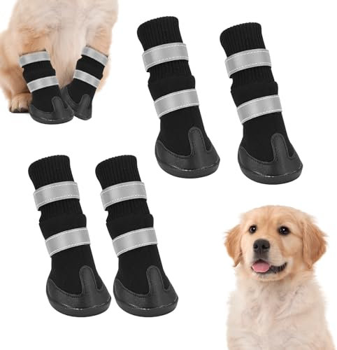 PZJFH 4er-Pack Hundeschuhe, Pfotenschutz Outdoor für Hunde, Winterschuhe Mit Rutschfesten Sohlen und Reflektierenden Riemen für Kleine, Mittlere und Große Hunde