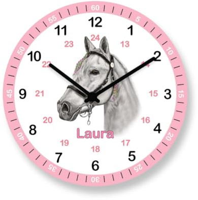 Kinder Wanduhr Pferd Lernuhr Rosa mit Wunsch Name Kinderuhr