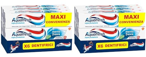 Aquafresh Tripla Protezione, Dentifricio 3 in 1 per tutta la Famiglia, Denti Forti, Gengive Sane, Alito Fresco, Sapore Menta Fresca, Maxi Pacco 6 Dentifrici x75ml – 450ml (Confezione da 2)