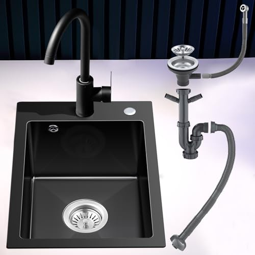 ROVOGO Schwarze Küchenspüle 50x35cm, Edelstahl Spülbecken Küche mit Ablaufgarnitur, Überlauf-Set, Löcher für Armatur & Seifenspender, Einbauspüle 1 Becken, Einbau Spüle Klein Edelstahlspüle für Küche