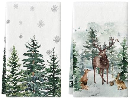 Artoid Mode Paños de cocina de acuarela, renos, árboles, copos de nieve, Navidad, 42 x 65 cm, decoración navideña, poliéster, juego de 2 unidades