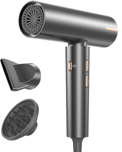 Secador de Pelo Iónico, Motor Brushless de Alta Velocidad 110,000 RPM, Accesorios de Difusor y Boquillas, 4 Niveles de Calor y 3 Velocidades, Secador Pelo Compacto para Casa y Viajes
