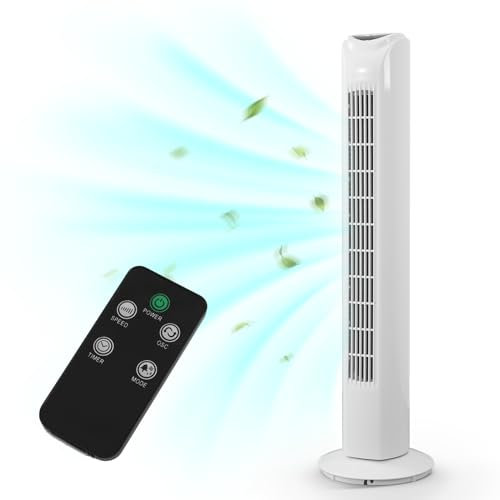 Ventilatore a Torre Oscillante e Silenzioso, Telecomando, 3 Velocità 2 Modi, Timer da 7.5 Ore, Oscillazione a 70°, Altezza 81cm per Casa, Bianco