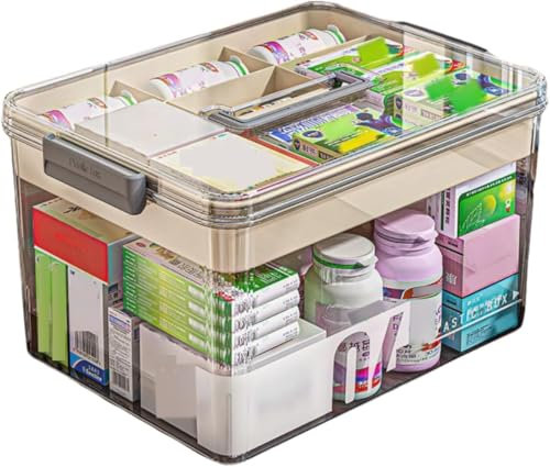 Sevitini Scatola medicinali, 2 strati Scatola porta medicine da casa, Medicinebox, grande capacità, Scatole per medicine con maniglia, per pronto soccorso,medicinali, 31 * 21 * 17 cm (Grigio)