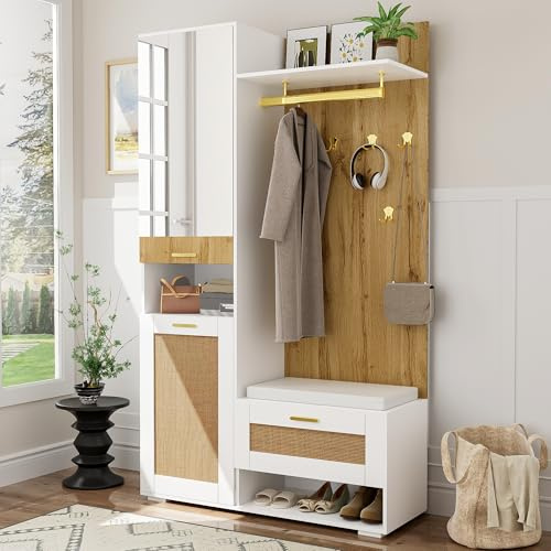 Moimhear Wandgarderobe, oberem Stauraumfach, 110x38x190cm, Garderoben-Set, Kleiderschrank-Set mit Spiegel, Schuhschrank, Sitzbank und 16-Farbiger LED-Beleuchtung