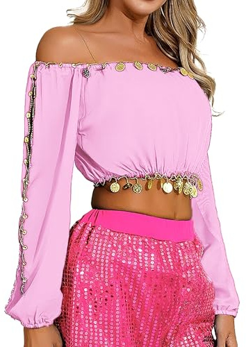 MUNAFIE Bauchtanz Oberteil, 3/4 Geschlitzte Ärmel Tanz Bauchfreies Top, Pailletten Oberteil, Bauchtanz Kostüm Damen Rosa