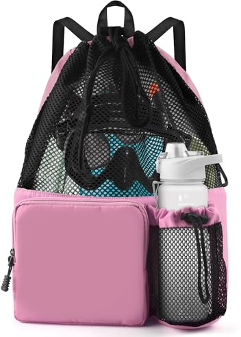BROTOU Schwimmtasche, Schwimmen Tasche Mesh-Rucksack mit Kordelzug, Strandrucksack Turnbeutel Sportbeutel Verstellbar Tunnelzug Gym Bag Badetasche Sporttasche für Damen Kinder (Blassrosa)