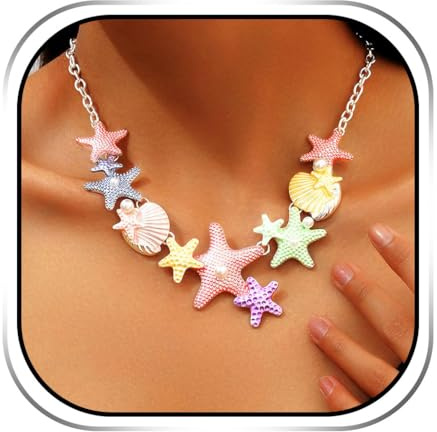 Handcess Collar de estrella de mar, con colgante de concha colorida, joyería bohemia de sirena para mujer, talla única, Estrella de mar, No es una piedra preciosa