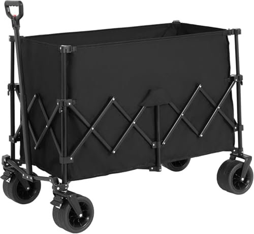 Faltbarer Bollerwagen mit Großen Rädern, 220lbs Tragkraft, 109x53x83 cm, Getränkehalter, Transportwagen für Strand, Camping, Garten (Black)