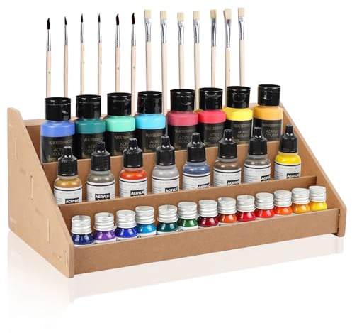 Wooden Paint Rack for Model Paints, Ladder Type Coatings Holder Organizer, Warhammer Painting Storage Stand Model Painting Station, Paint Organizer for Coatings Paints Brushes (Three Layers)