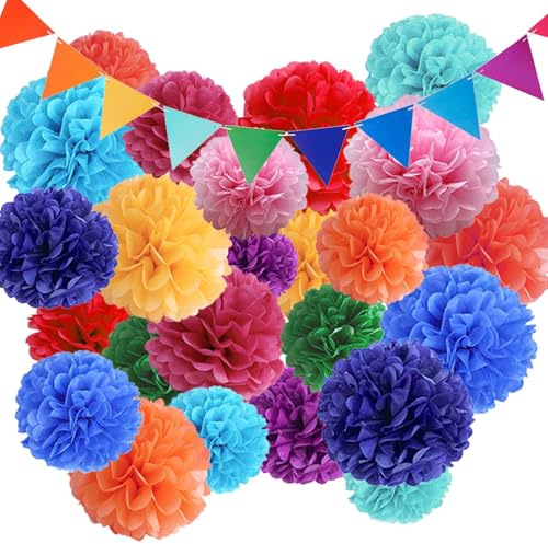 25 Deco Fete Multicolore Decoration Anniversaire, FORMVERSITY Deco Anniversaire Fleurs en Papier, Bapteme Decoration de Fete, Decoration Bapteme Garcon Fille