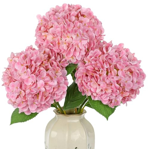 Briful Künstliche Hortensien Real Touch, 70 cm Lange Stiele, 3er Set Kunstblumen Wie Echt, Große Dekoblumen für Vase, Wohnzimmer, Hochzeit & Dekoration, Rosa