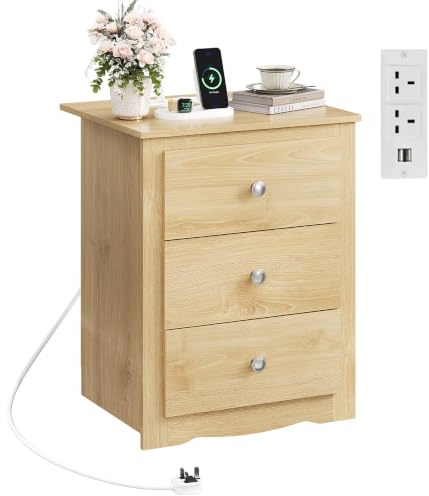WLIVE 3-Drawer Wooden Bedside Table with Charging Station, USB Ports & Plug Sockets, Nightstand with Storage for Bedroom, Living Room, Office (1, Oak)