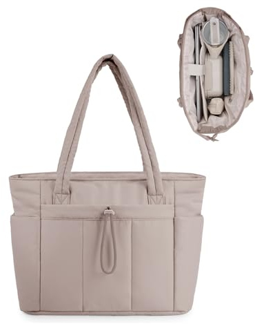Wandering Nature Bolso Mujer Acolchado Grande, Bolso Shopper Mujer con Compartimento para Portátil 15.6 y Portabotellas 40oz para Negocios Escuela Viajes, Beige(Patente en Trámite)