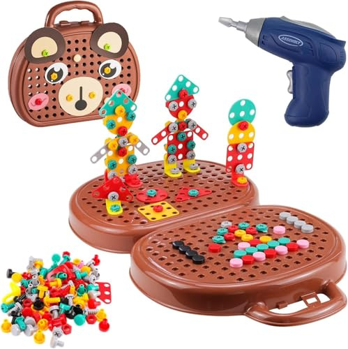 Montessori Play Toolbox - Boîte à jouets Montessori - Avec perceuse - Jouet Montessori à partir de 3 ans - Puzzle 3D - Mosaïque - Boîte à outils créatifs avec perceuse - Pour enfants de 3 à 12