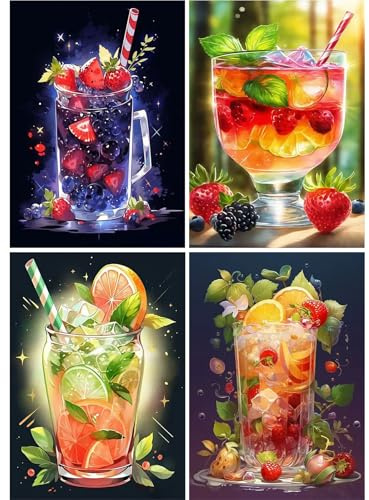 GLIDIAM 4er Set Diamond Painting Getränke Sommer, Diamant Malerei Bilder Bar Küche, 30x40cm DIY Full Drill Basteln Erwachsene, Mosaik Stickerei Kreuzstich Geschenk für Wanddeko Wohnzimmer Schlafzimmer